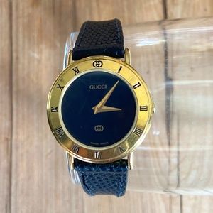 Authentic Ladies Gucci Watch, 18K Gold with Black Leather Band
